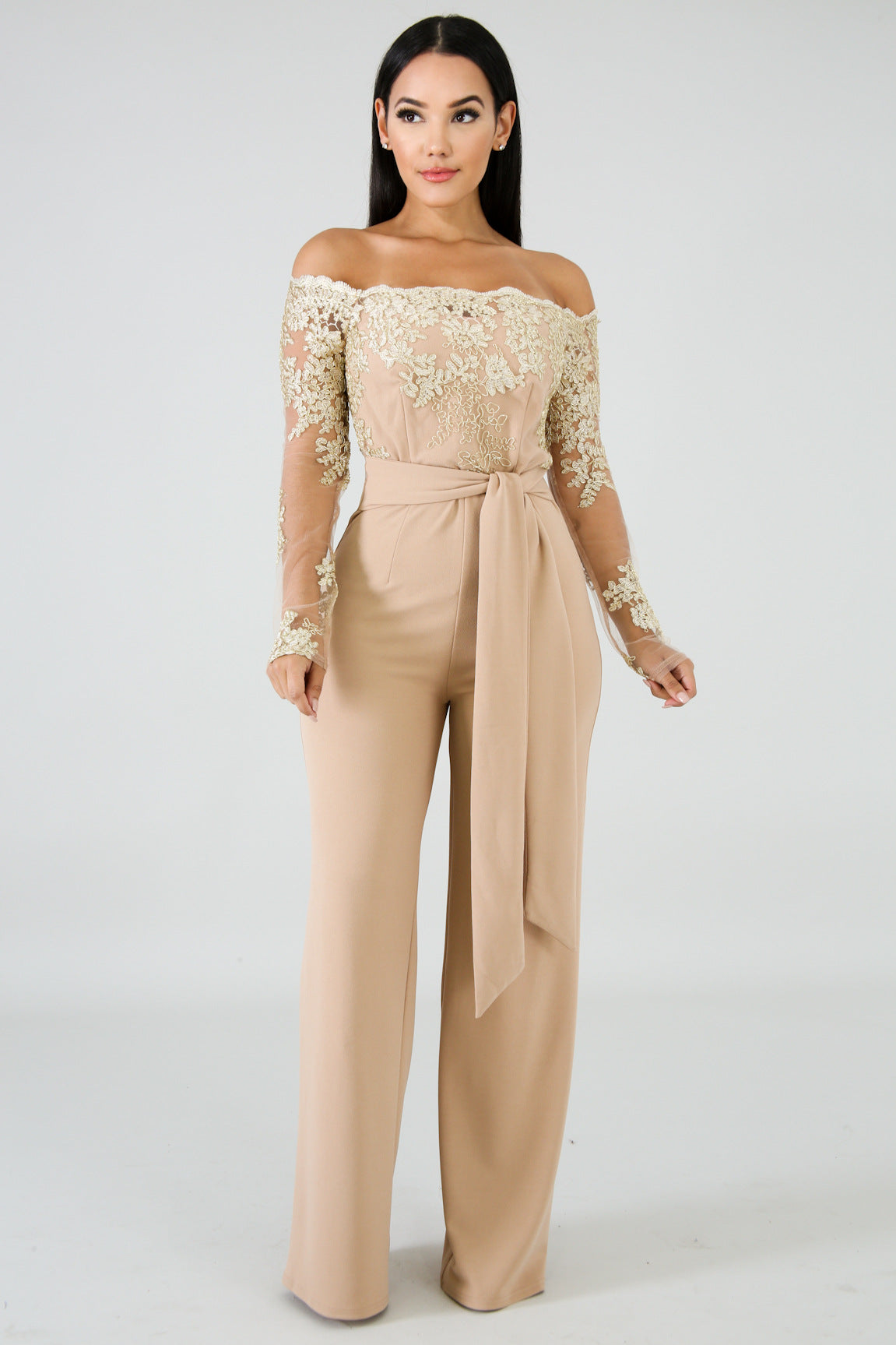 Sj3227 Foreign Trade European and American Casual Women's Water-Soluble Lace One-Line Collar Wide-Leg Jumpsuit 7 Colors