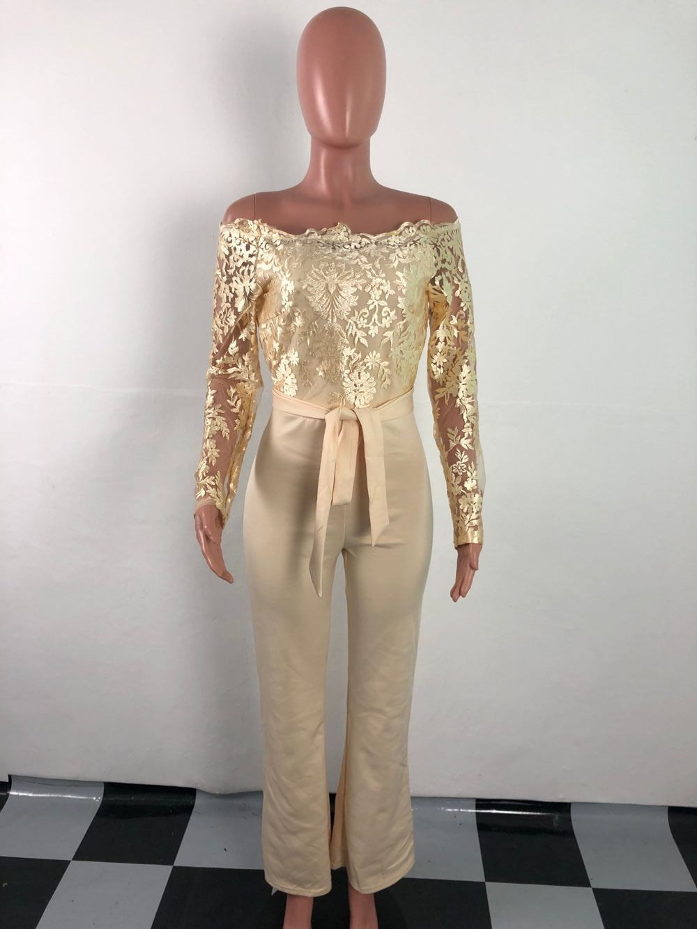 Sj3227 Foreign Trade European and American Casual Women's Water-Soluble Lace One-Line Collar Wide-Leg Jumpsuit 7 Colors