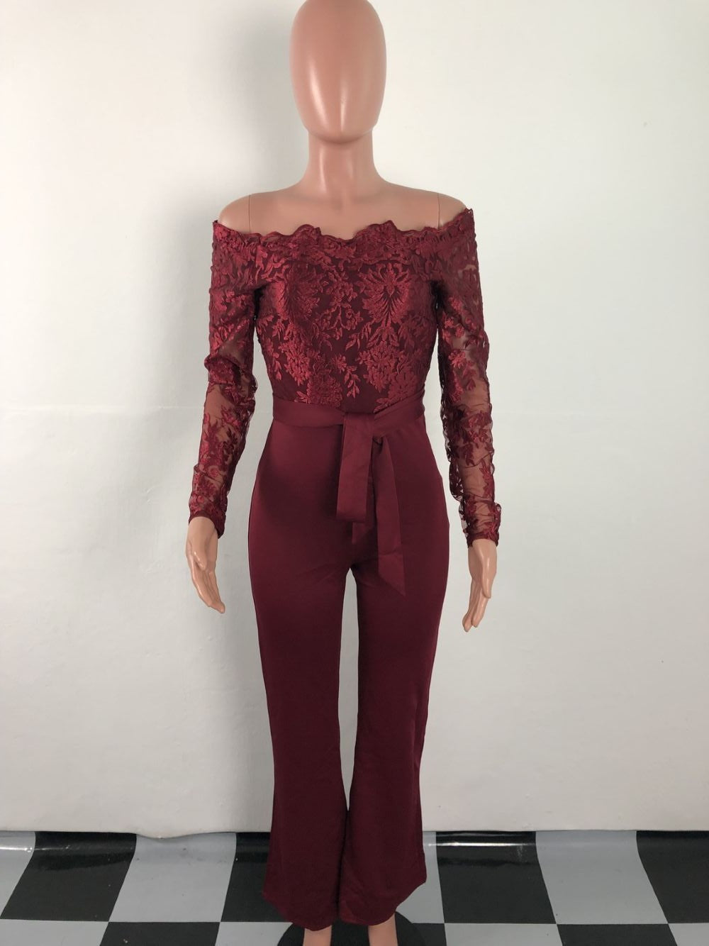 Sj3227 Foreign Trade European and American Casual Women's Water-Soluble Lace One-Line Collar Wide-Leg Jumpsuit 7 Colors