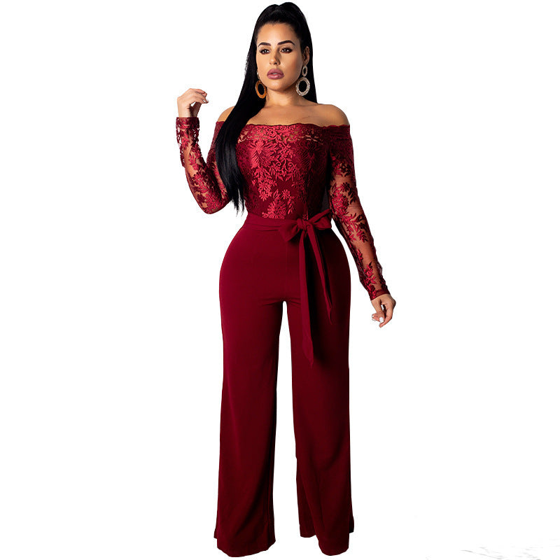 Sj3227 Foreign Trade European and American Casual Women's Water-Soluble Lace One-Line Collar Wide-Leg Jumpsuit 7 Colors