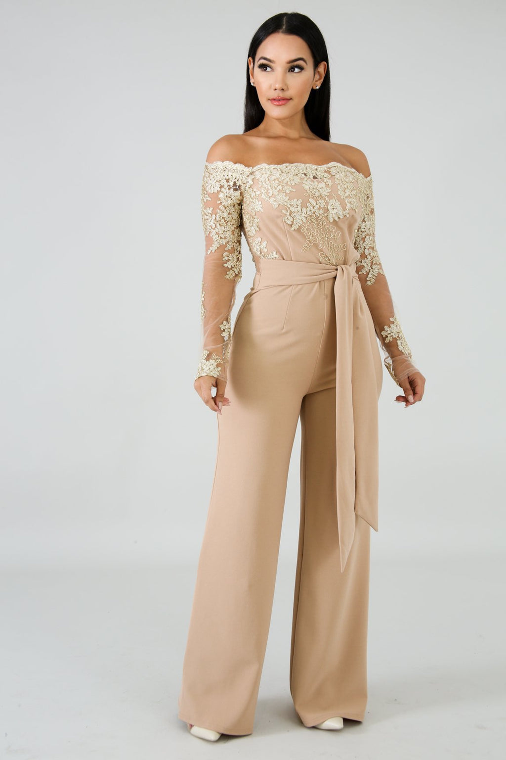 Sj3227 Foreign Trade European and American Casual Women's Water-Soluble Lace One-Line Collar Wide-Leg Jumpsuit 7 Colors