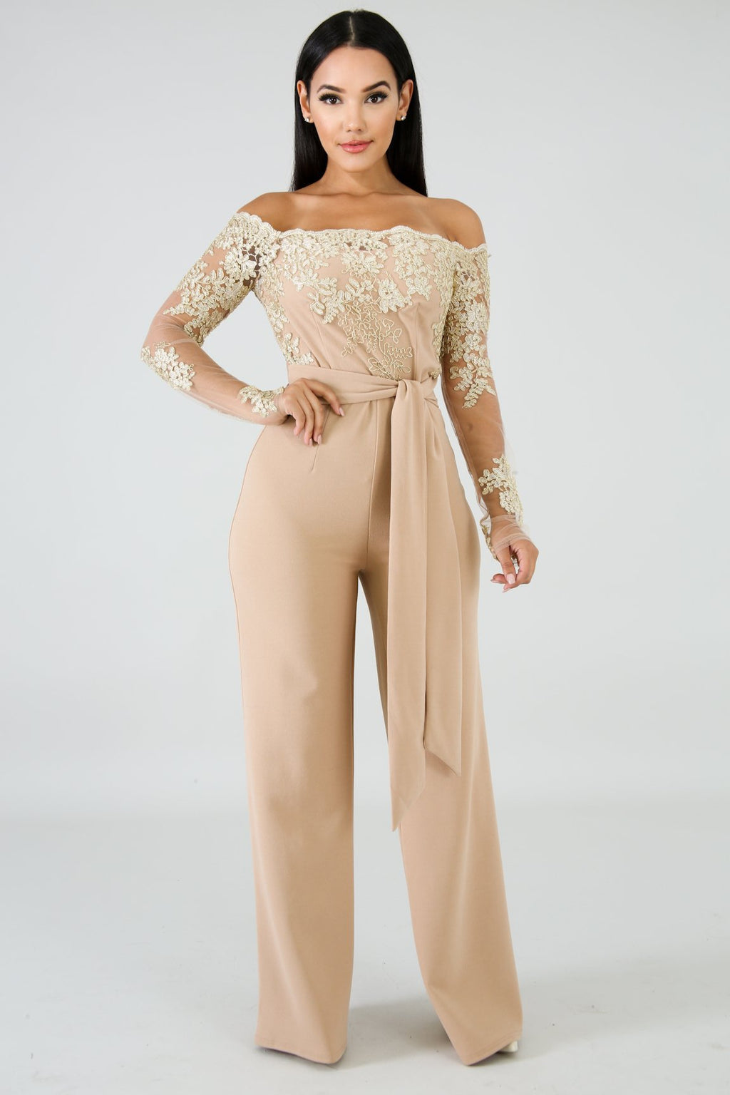 Sj3227 Foreign Trade European and American Casual Women's Water-Soluble Lace One-Line Collar Wide-Leg Jumpsuit 7 Colors