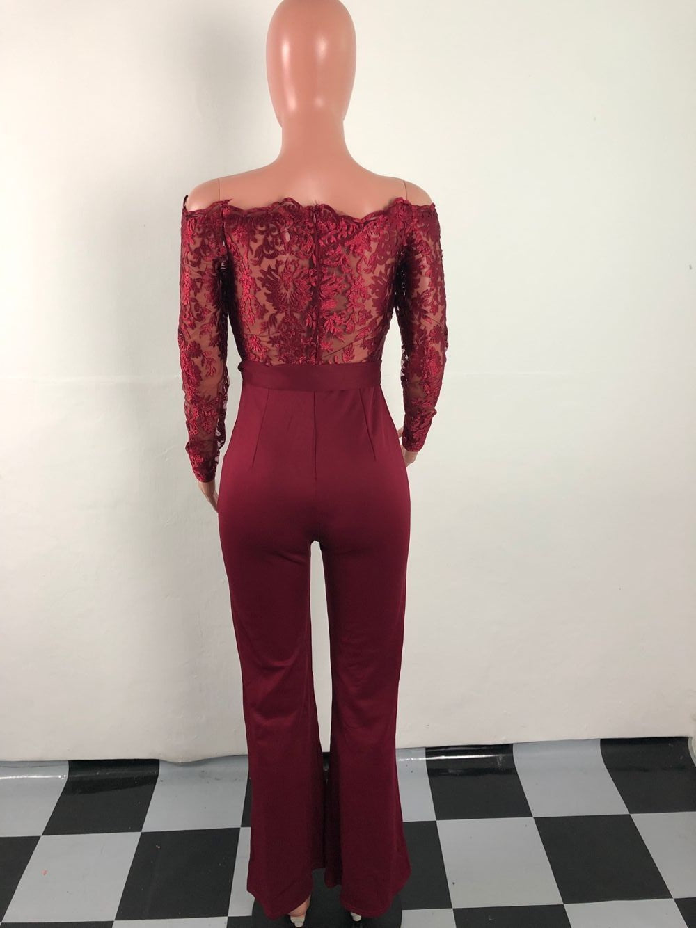 Sj3227 Foreign Trade European and American Casual Women's Water-Soluble Lace One-Line Collar Wide-Leg Jumpsuit 7 Colors