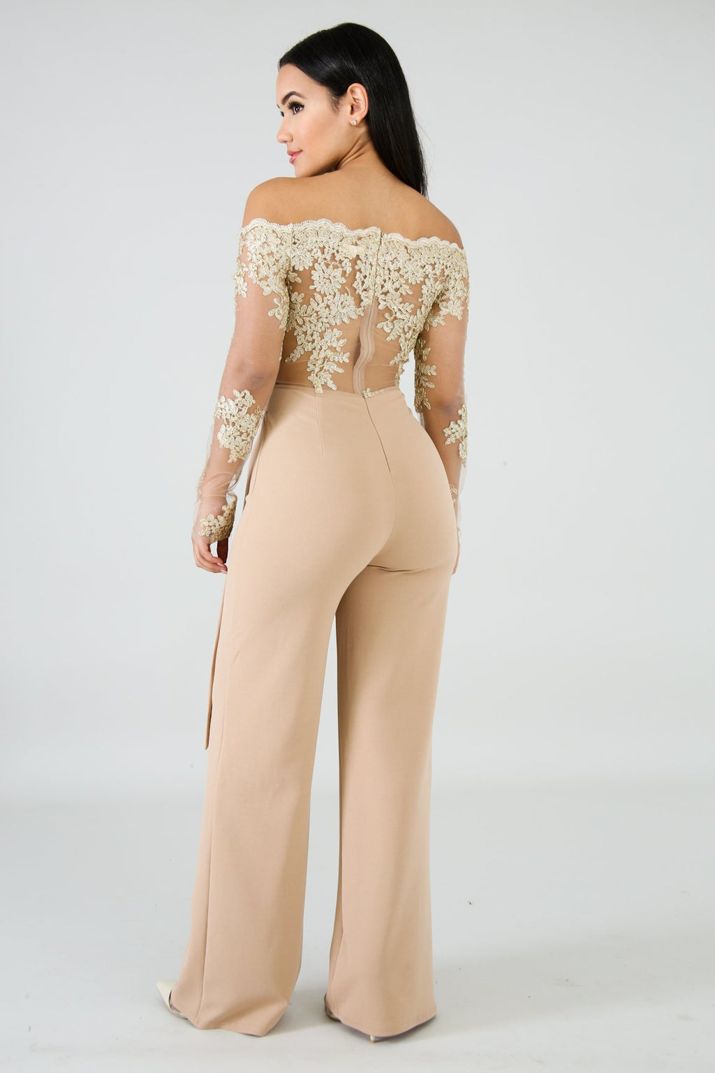 Sj3227 Foreign Trade European and American Casual Women's Water-Soluble Lace One-Line Collar Wide-Leg Jumpsuit 7 Colors