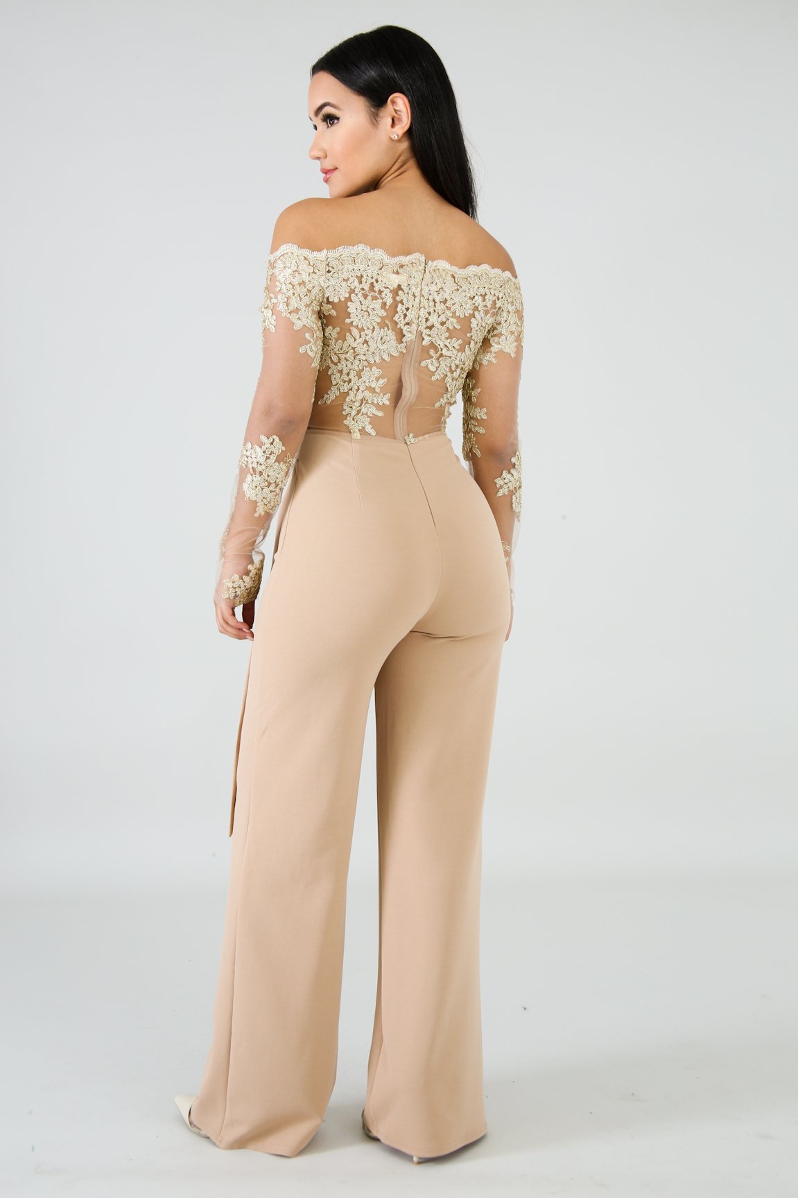 Sj3227 Foreign Trade European and American Casual Women's Water-Soluble Lace One-Line Collar Wide-Leg Jumpsuit 7 Colors