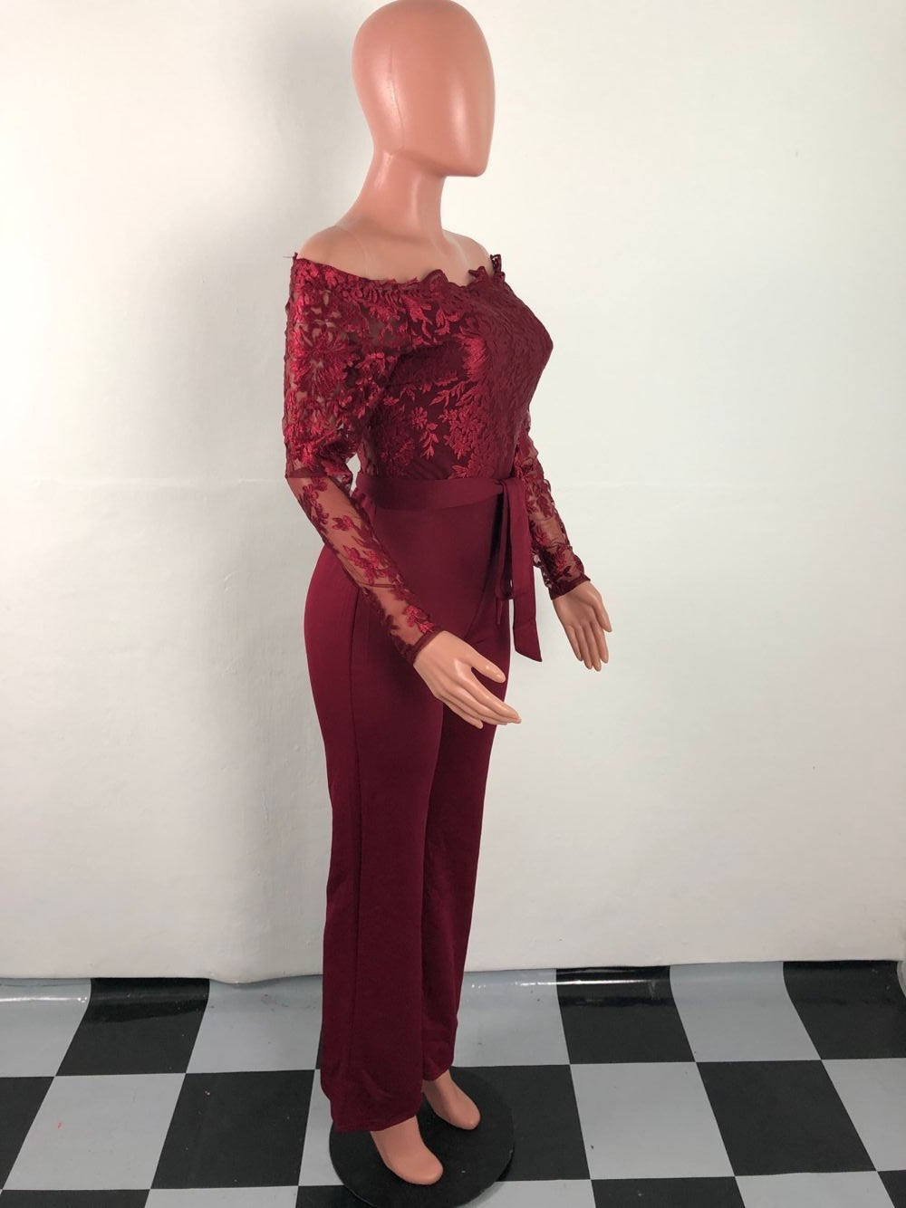 Sj3227 Foreign Trade European and American Casual Women's Water-Soluble Lace One-Line Collar Wide-Leg Jumpsuit 7 Colors