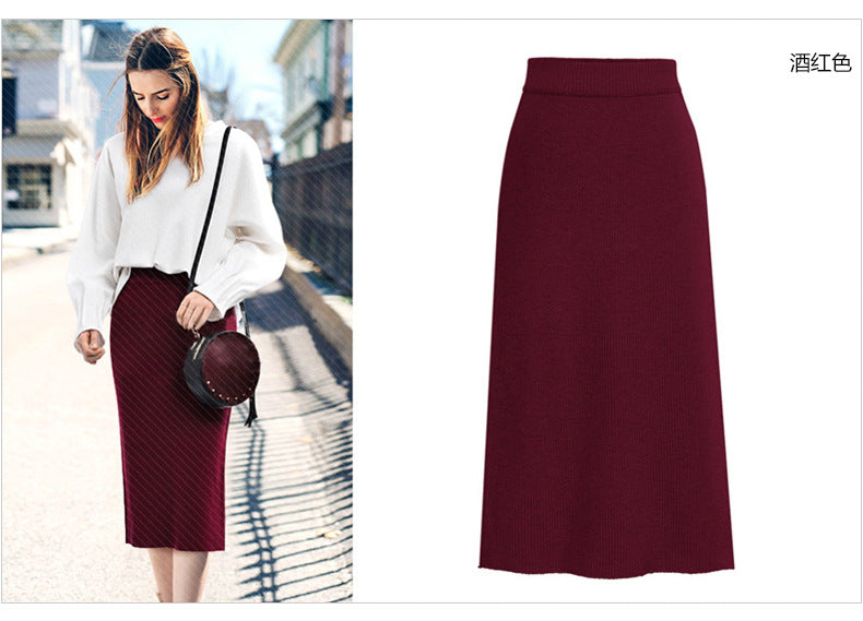 Winter Wool Skirt Women's Mid-Length Plus Size Angela Red Woolen Skirt Slit Hip Skirt High Waist Long Skirt