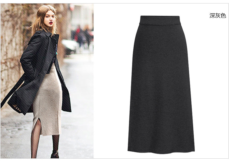 Winter Wool Skirt Women's Mid-Length Plus Size Angela Red Woolen Skirt Slit Hip Skirt High Waist Long Skirt