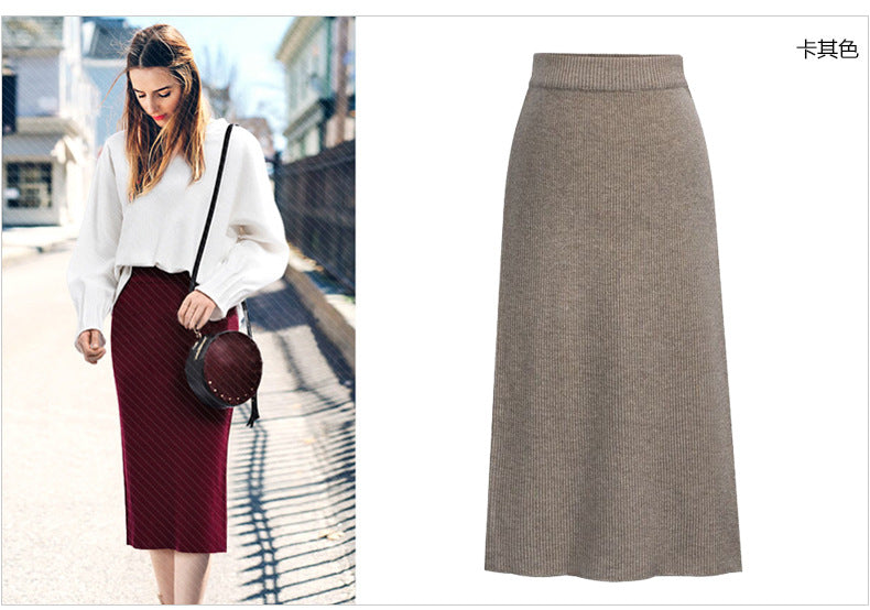 Winter Wool Skirt Women's Mid-Length Plus Size Angela Red Woolen Skirt Slit Hip Skirt High Waist Long Skirt