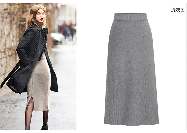 Winter Wool Skirt Women's Mid-Length Plus Size Angela Red Woolen Skirt Slit Hip Skirt High Waist Long Skirt