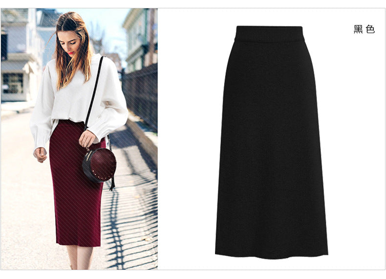 Winter Wool Skirt Women's Mid-Length Plus Size Angela Red Woolen Skirt Slit Hip Skirt High Waist Long Skirt