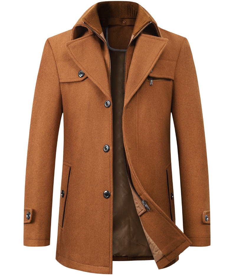Cross-border Autumn and Winter Double Collar Wool Coat Men's Coat Casual Mid-length cotton and thickening Men's Plus Size