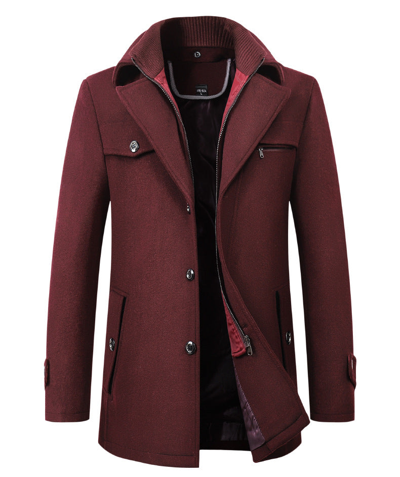 Cross-border Autumn and Winter Double Collar Wool Coat Men's Coat Casual Mid-length cotton and thickening Men's Plus Size