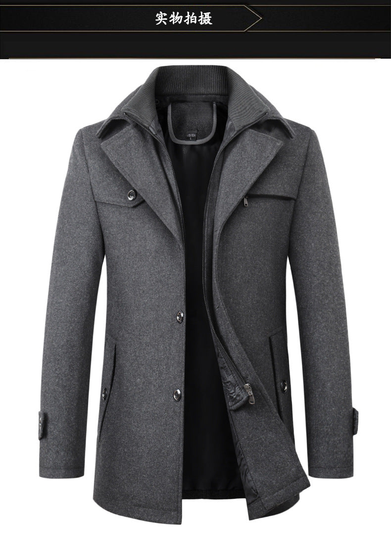 Cross-border Autumn and Winter Double Collar Wool Coat Men's Coat Casual Mid-length cotton and thickening Men's Plus Size