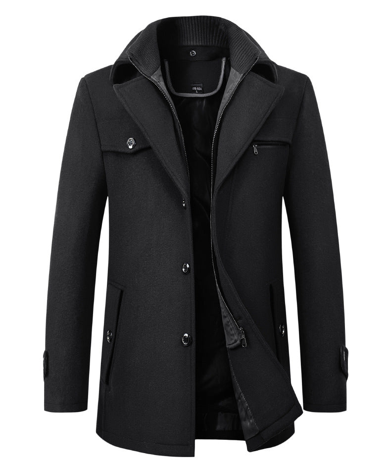 Cross-border Autumn and Winter Double Collar Wool Coat Men's Coat Casual Mid-length cotton and thickening Men's Plus Size