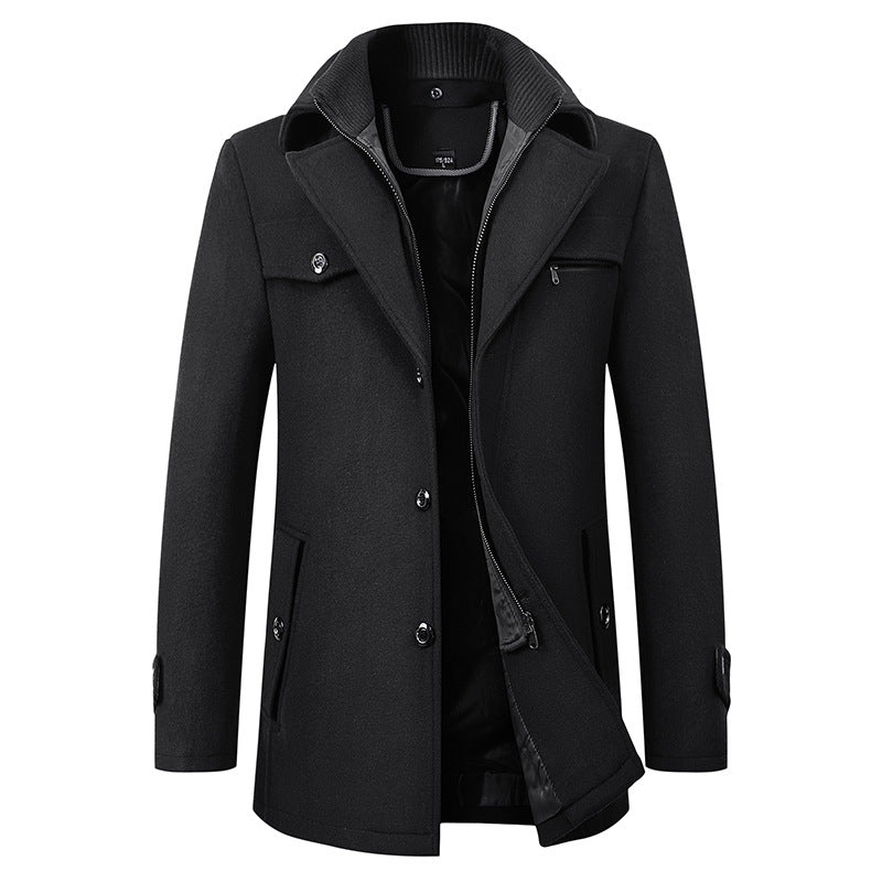 Cross-border Autumn and Winter Double Collar Wool Coat Men's Coat Casual Mid-length cotton and thickening Men's Plus Size