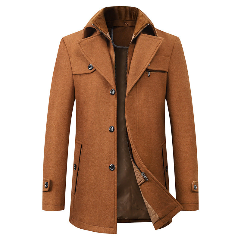 Cross-border Autumn and Winter Double Collar Wool Coat Men's Coat Casual Mid-length cotton and thickening Men's Plus Size