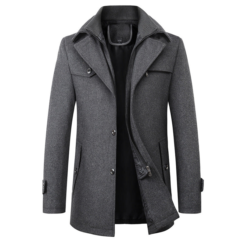 Cross-border Autumn and Winter Double Collar Wool Coat Men's Coat Casual Mid-length cotton and thickening Men's Plus Size