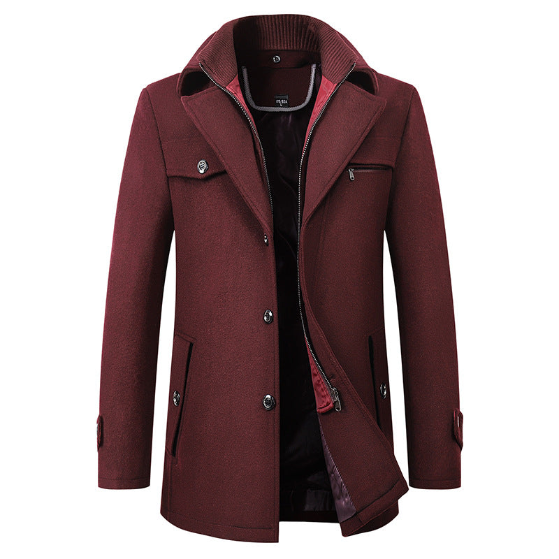 Cross-border Autumn and Winter Double Collar Wool Coat Men's Coat Casual Mid-length cotton and thickening Men's Plus Size