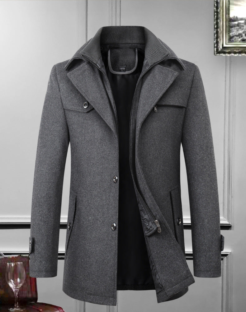 Cross-border Autumn and Winter Double Collar Wool Coat Men's Coat Casual Mid-length cotton and thickening Men's Plus Size