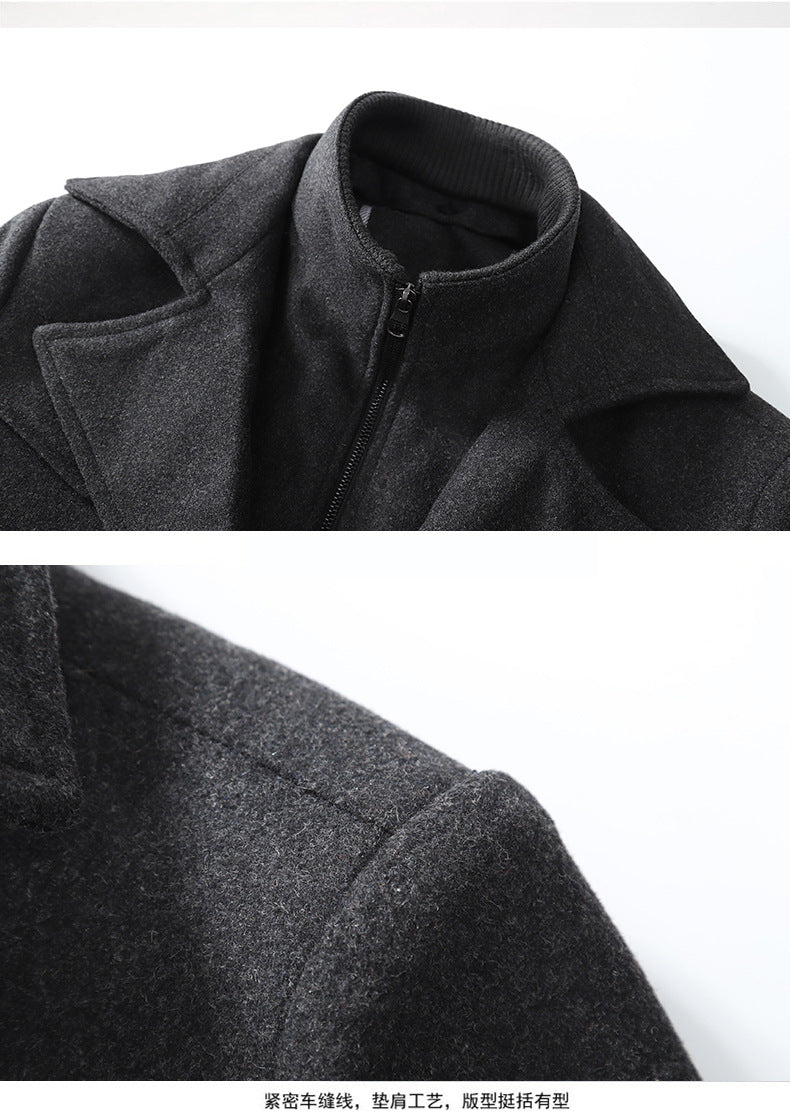 Cross-border Autumn and Winter Double Collar Wool Coat Men's Coat Casual Mid-length cotton and thickening Men's Plus Size