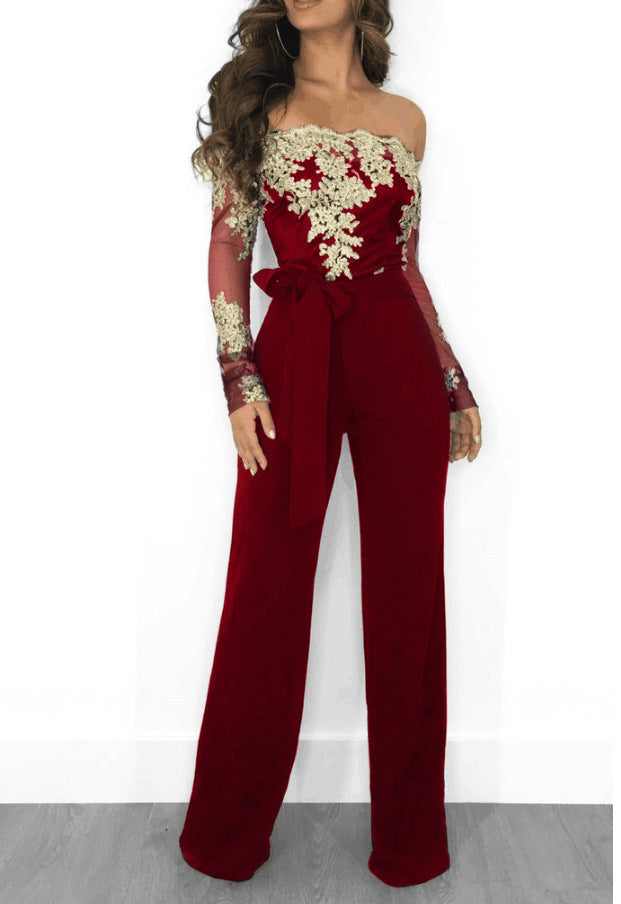 Sj3227 Foreign Trade European and American Casual Women's Water-Soluble Lace One-Line Collar Wide-Leg Jumpsuit 7 Colors