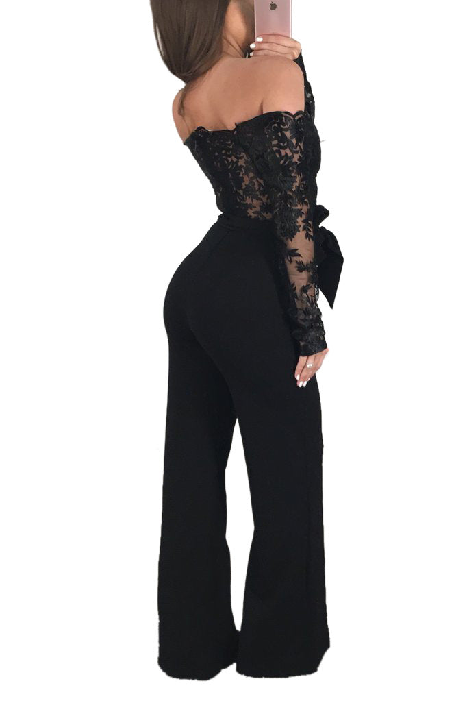 Sj3227 Foreign Trade European and American Casual Women's Water-Soluble Lace One-Line Collar Wide-Leg Jumpsuit 7 Colors