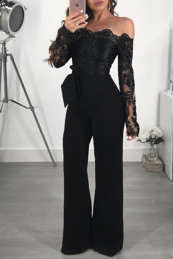 Sj3227 Foreign Trade European and American Casual Women's Water-Soluble Lace One-Line Collar Wide-Leg Jumpsuit 7 Colors