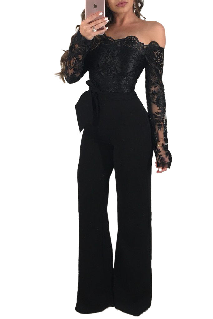 Sj3227 Foreign Trade European and American Casual Women's Water-Soluble Lace One-Line Collar Wide-Leg Jumpsuit 7 Colors