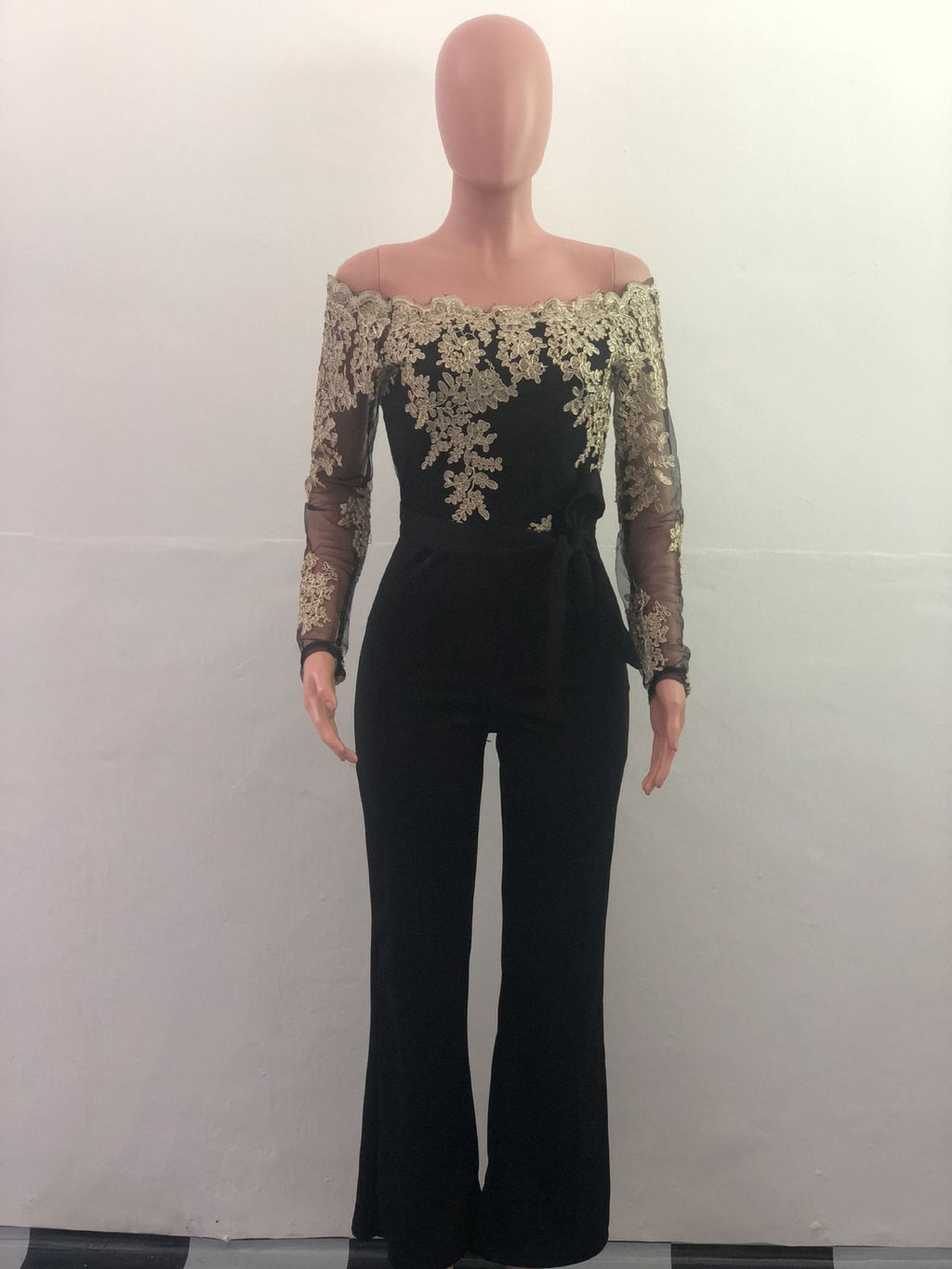 Sj3227 Foreign Trade European and American Casual Women's Water-Soluble Lace One-Line Collar Wide-Leg Jumpsuit 7 Colors