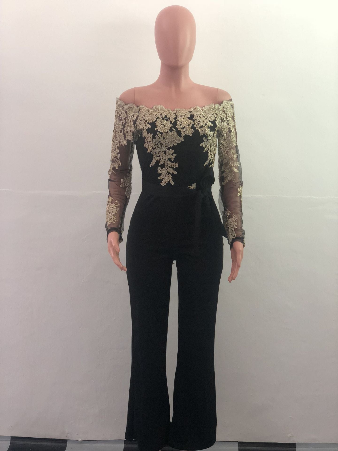 Sj3227 Foreign Trade European and American Casual Women's Water-Soluble Lace One-Line Collar Wide-Leg Jumpsuit 7 Colors