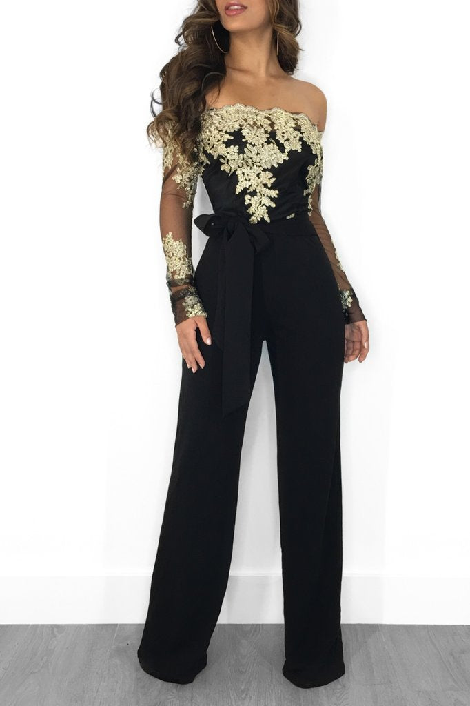 Sj3227 Foreign Trade European and American Casual Women's Water-Soluble Lace One-Line Collar Wide-Leg Jumpsuit 7 Colors