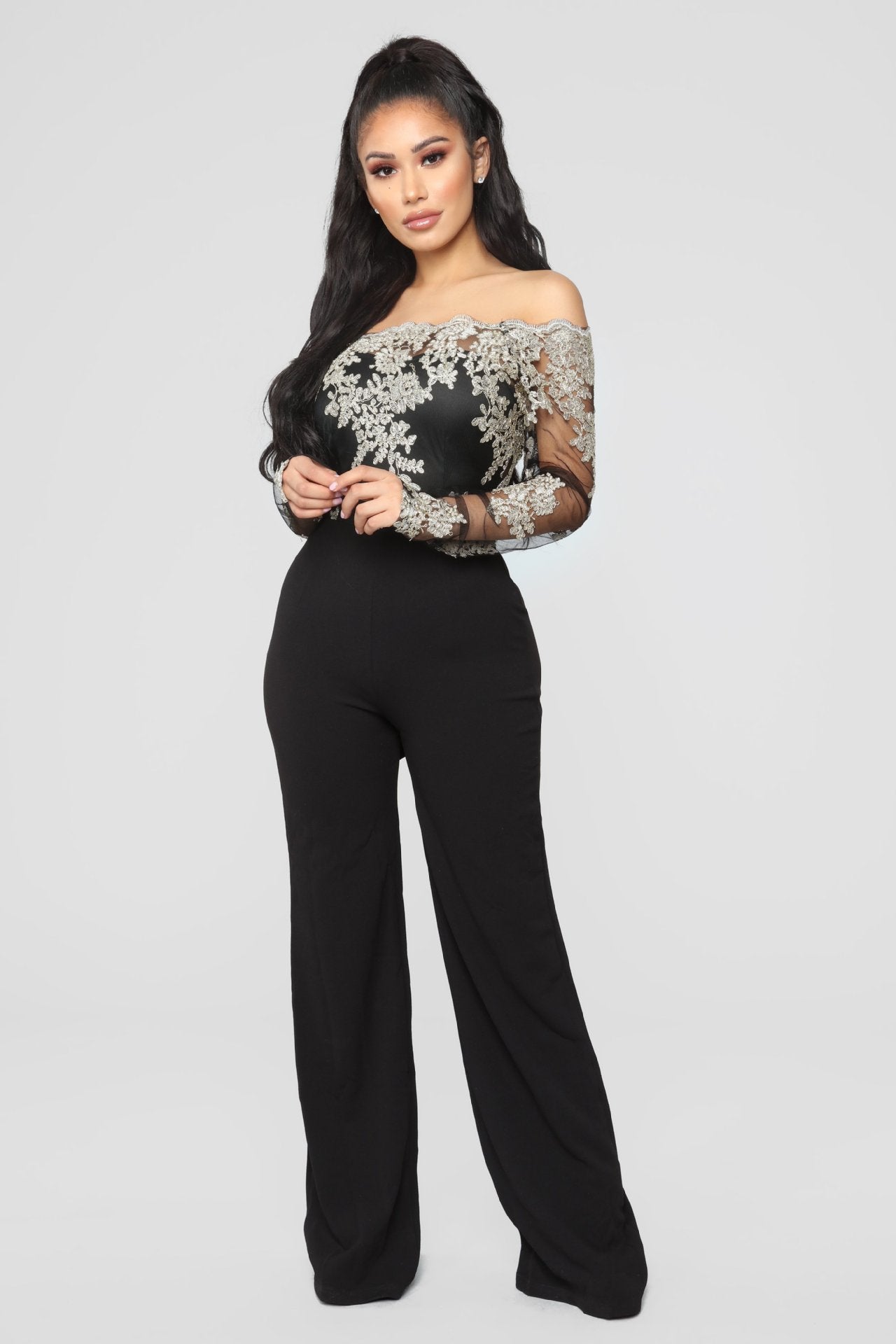 Sj3227 Foreign Trade European and American Casual Women's Water-Soluble Lace One-Line Collar Wide-Leg Jumpsuit 7 Colors