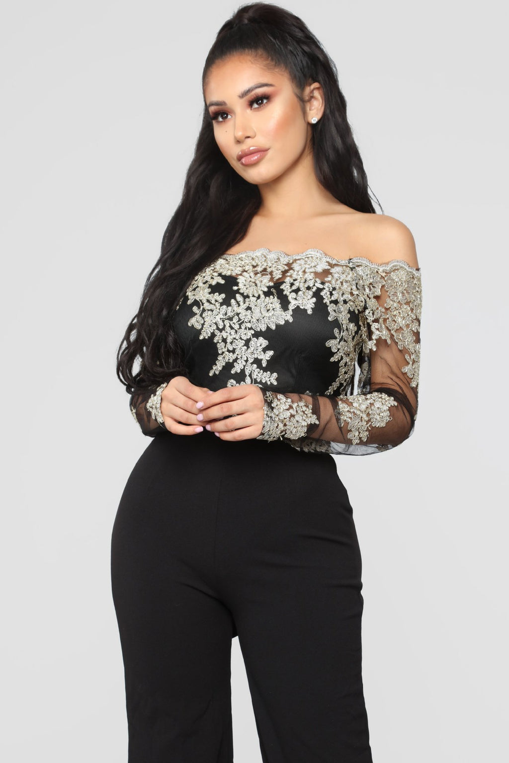 Sj3227 Foreign Trade European and American Casual Women's Water-Soluble Lace One-Line Collar Wide-Leg Jumpsuit 7 Colors
