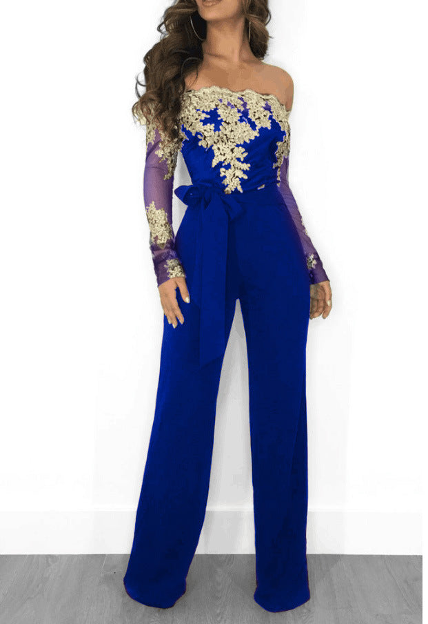 Sj3227 Foreign Trade European and American Casual Women's Water-Soluble Lace One-Line Collar Wide-Leg Jumpsuit 7 Colors