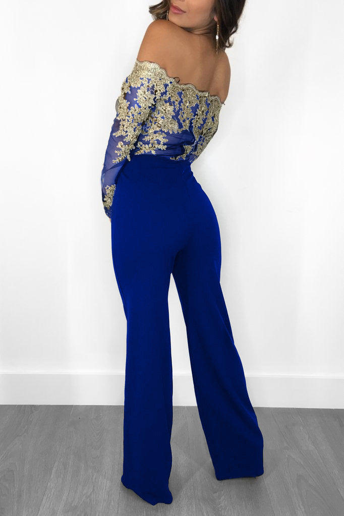 Sj3227 Foreign Trade European and American Casual Women's Water-Soluble Lace One-Line Collar Wide-Leg Jumpsuit 7 Colors