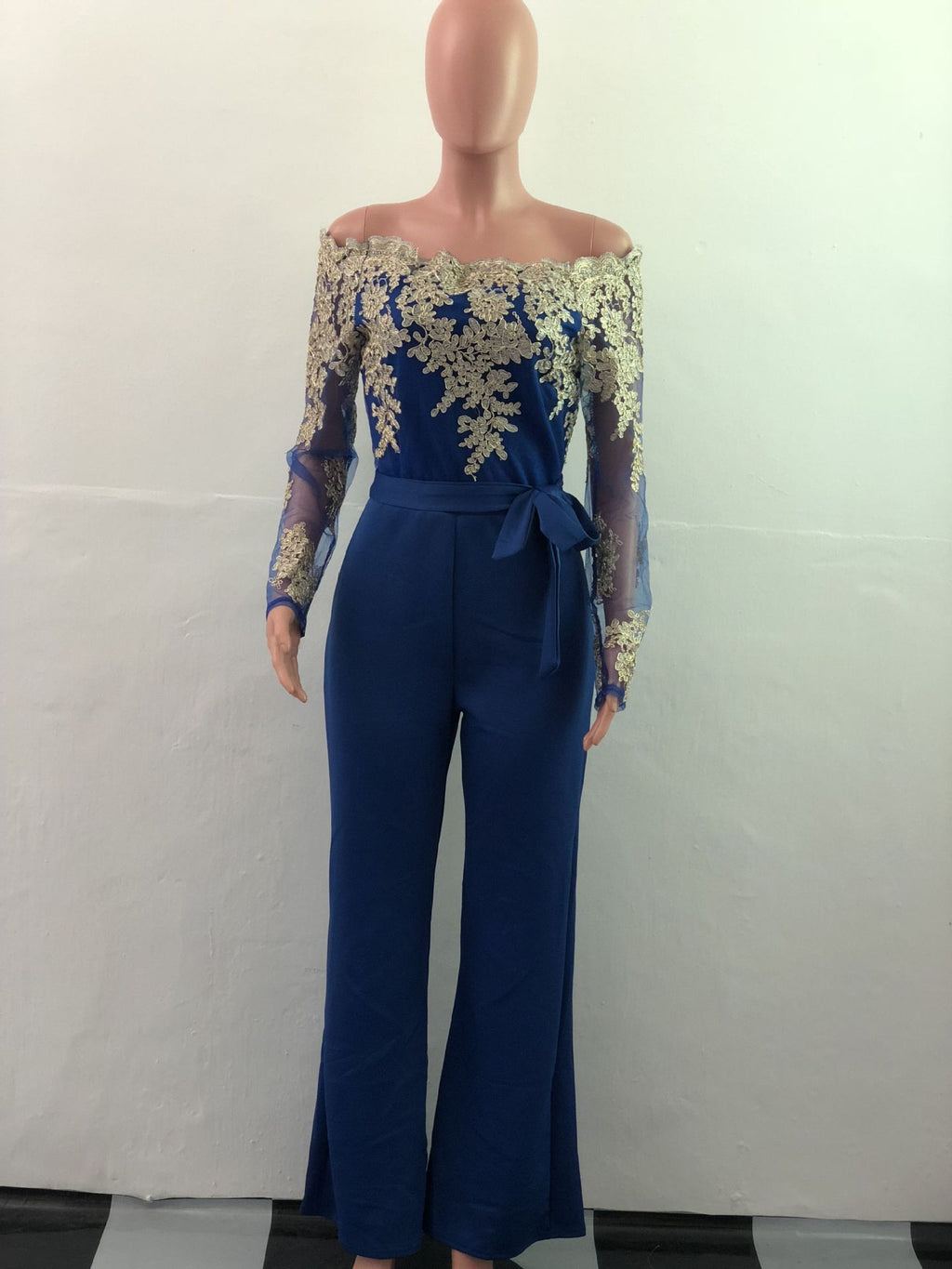 Sj3227 Foreign Trade European and American Casual Women's Water-Soluble Lace One-Line Collar Wide-Leg Jumpsuit 7 Colors