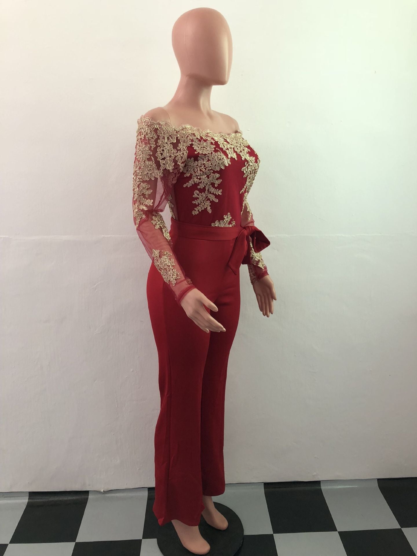Sj3227 Foreign Trade European and American Casual Women's Water-Soluble Lace One-Line Collar Wide-Leg Jumpsuit 7 Colors