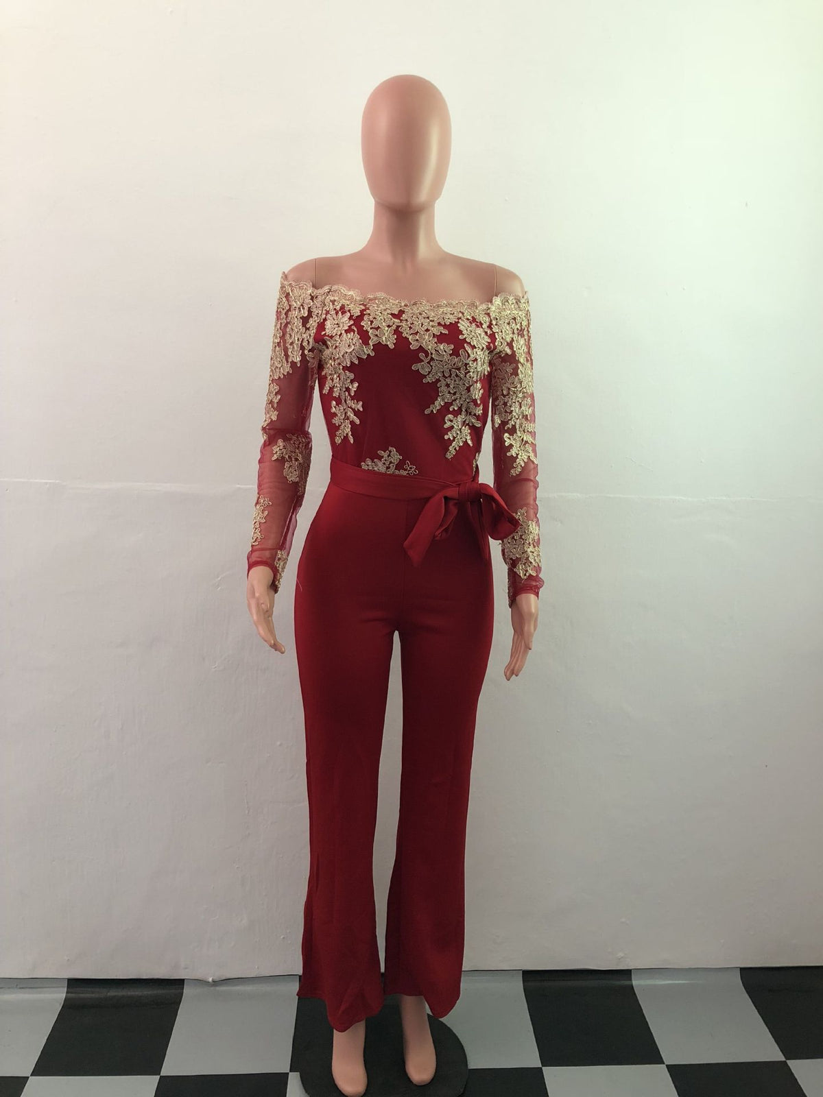 Sj3227 Foreign Trade European and American Casual Women's Water-Soluble Lace One-Line Collar Wide-Leg Jumpsuit 7 Colors