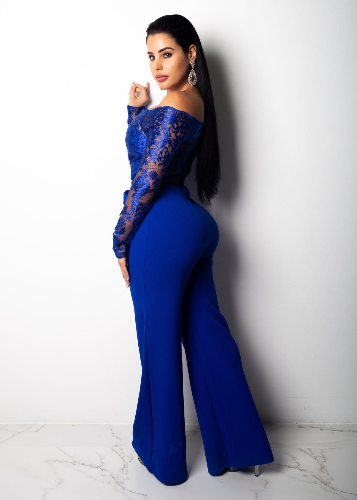 Sj3227 Foreign Trade European and American Casual Women's Water-Soluble Lace One-Line Collar Wide-Leg Jumpsuit 7 Colors