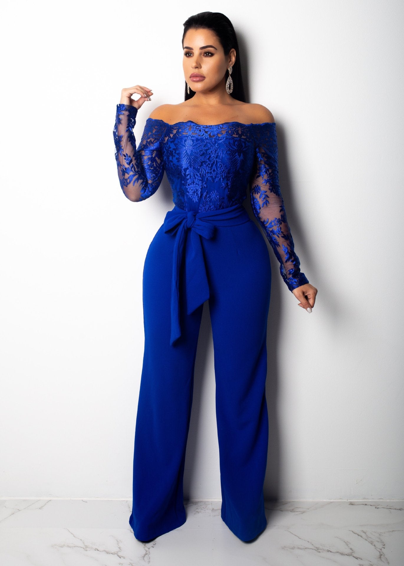 Sj3227 Foreign Trade European and American Casual Women's Water-Soluble Lace One-Line Collar Wide-Leg Jumpsuit 7 Colors