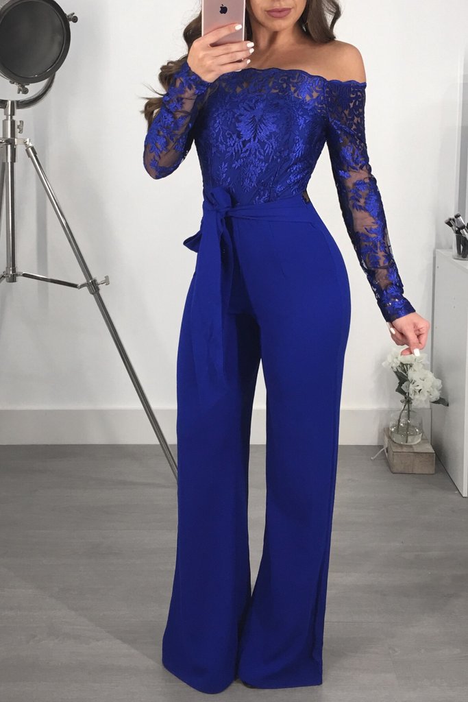 Sj3227 Foreign Trade European and American Casual Women's Water-Soluble Lace One-Line Collar Wide-Leg Jumpsuit 7 Colors