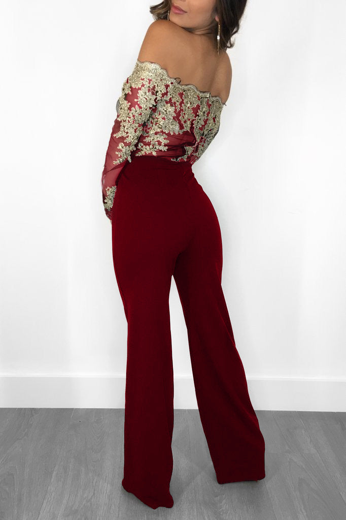 Sj3227 Foreign Trade European and American Casual Women's Water-Soluble Lace One-Line Collar Wide-Leg Jumpsuit 7 Colors