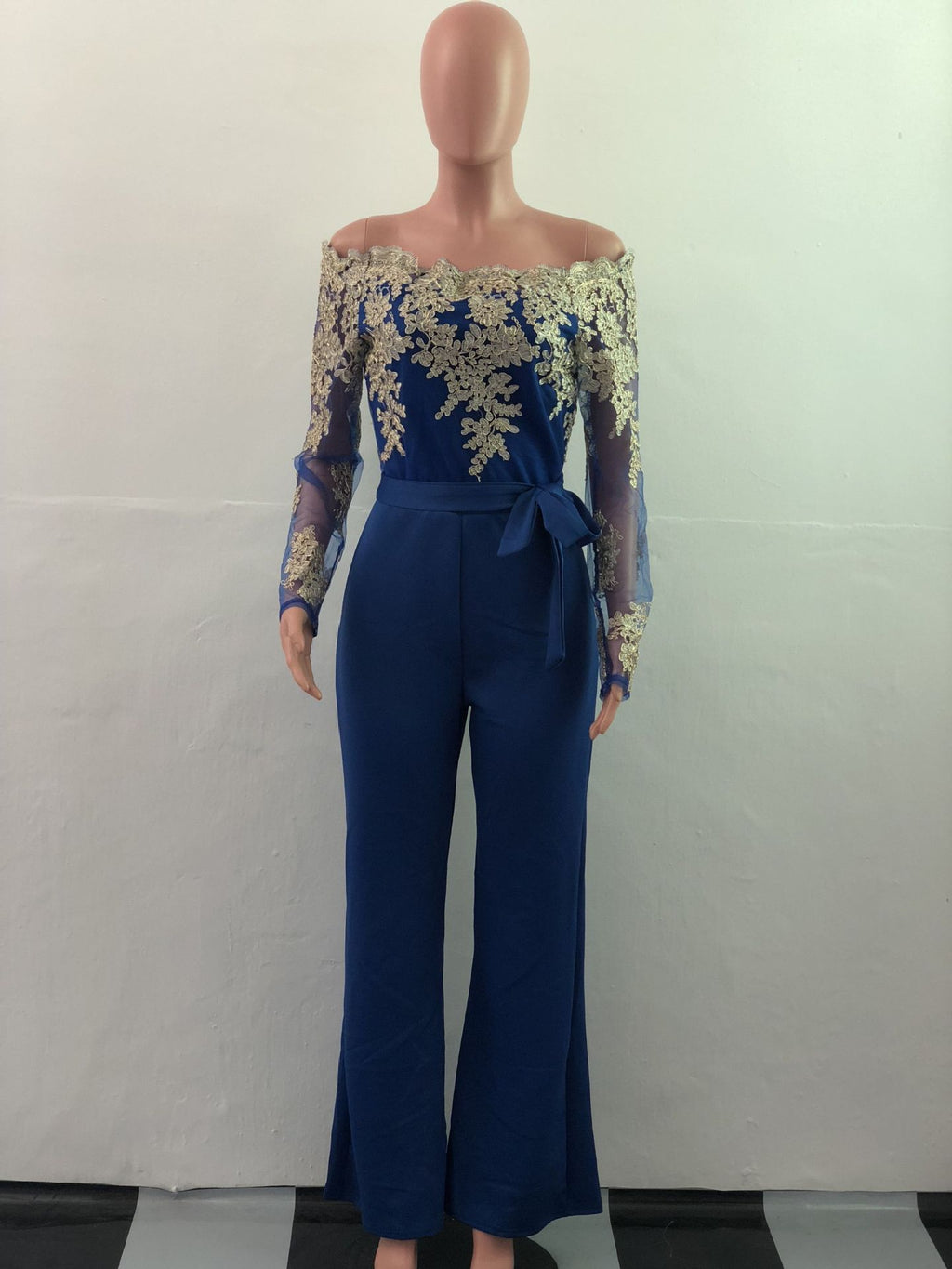 Sj3227 Foreign Trade European and American Casual Women's Water-Soluble Lace One-Line Collar Wide-Leg Jumpsuit 7 Colors