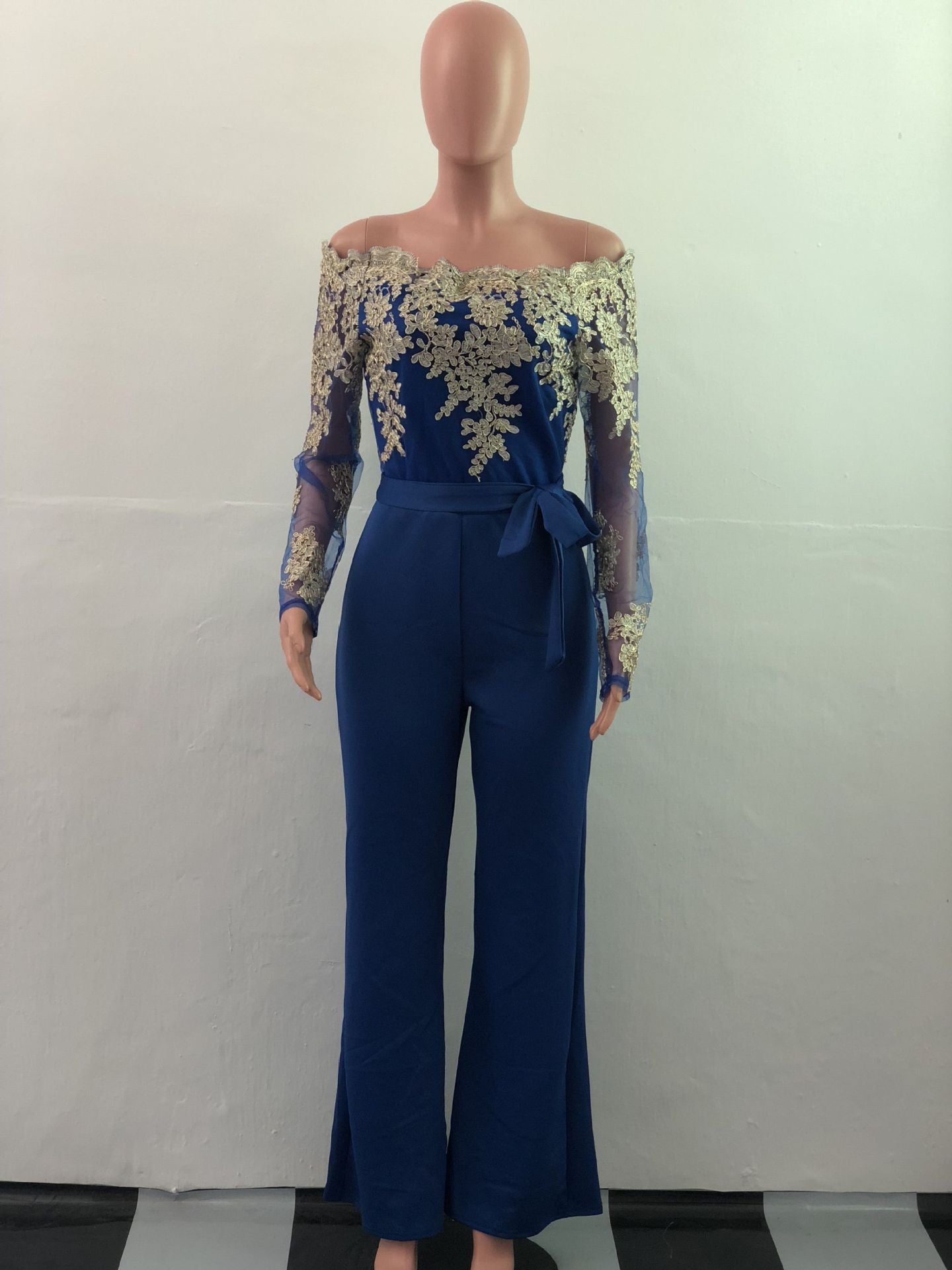 Sj3227 Foreign Trade European and American Casual Women's Water-Soluble Lace One-Line Collar Wide-Leg Jumpsuit 7 Colors