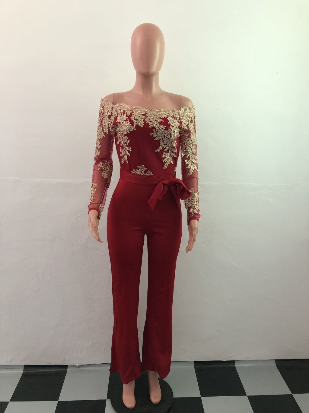 Sj3227 Foreign Trade European and American Casual Women's Water-Soluble Lace One-Line Collar Wide-Leg Jumpsuit 7 Colors