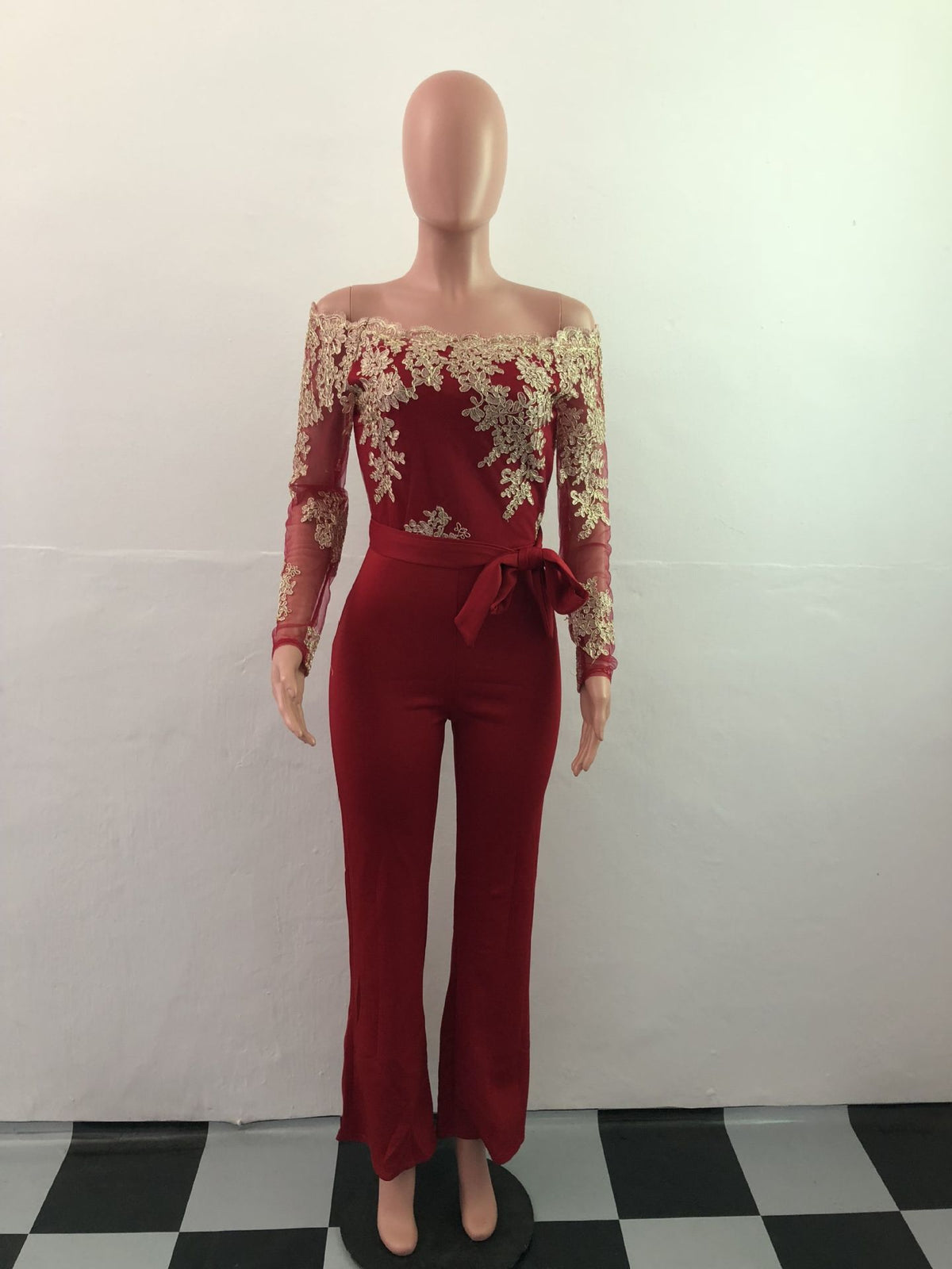 Sj3227 Foreign Trade European and American Casual Women's Water-Soluble Lace One-Line Collar Wide-Leg Jumpsuit 7 Colors