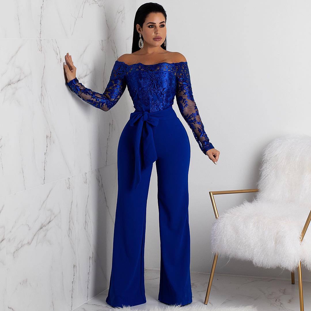 Sj3227 Foreign Trade European and American Casual Women's Water-Soluble Lace One-Line Collar Wide-Leg Jumpsuit 7 Colors