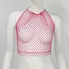 Sexy Body Jewelry Black off Shoulder Crystal Fishnet Vest White Crop Tops for Women Halter Backless Rhinestone Mesh Top