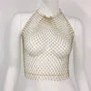 Sexy Body Jewelry Black off Shoulder Crystal Fishnet Vest White Crop Tops for Women Halter Backless Rhinestone Mesh Top
